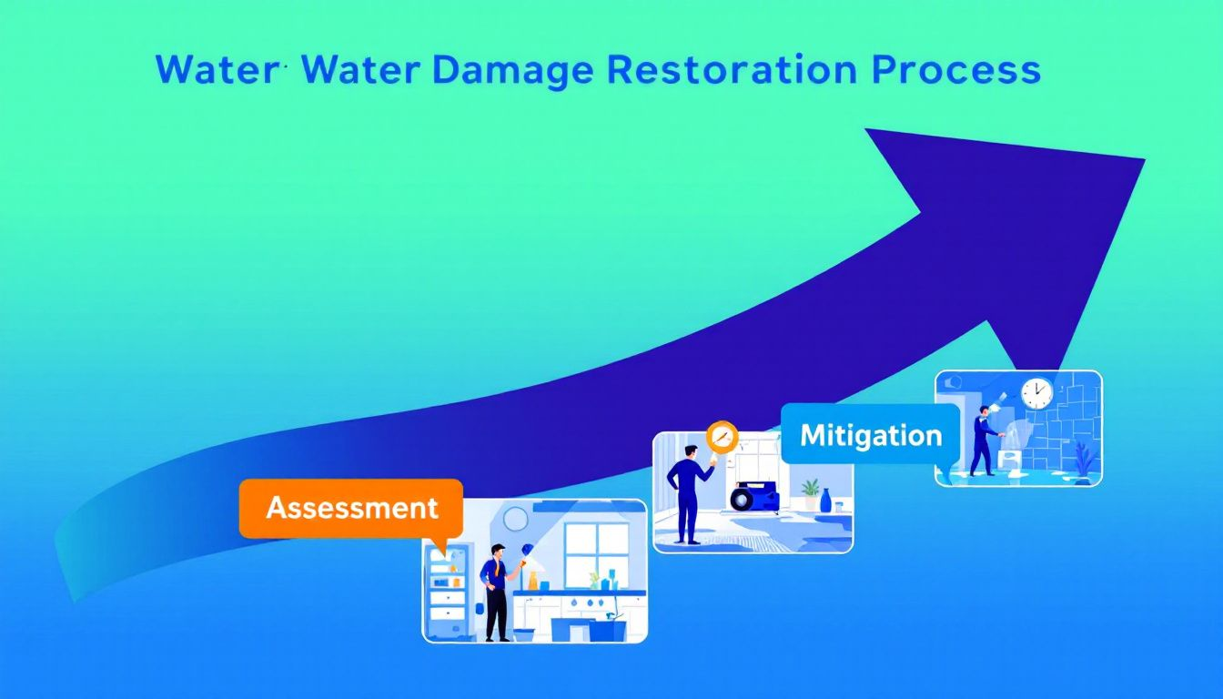 An illustration of the detailed water damage restoration process.