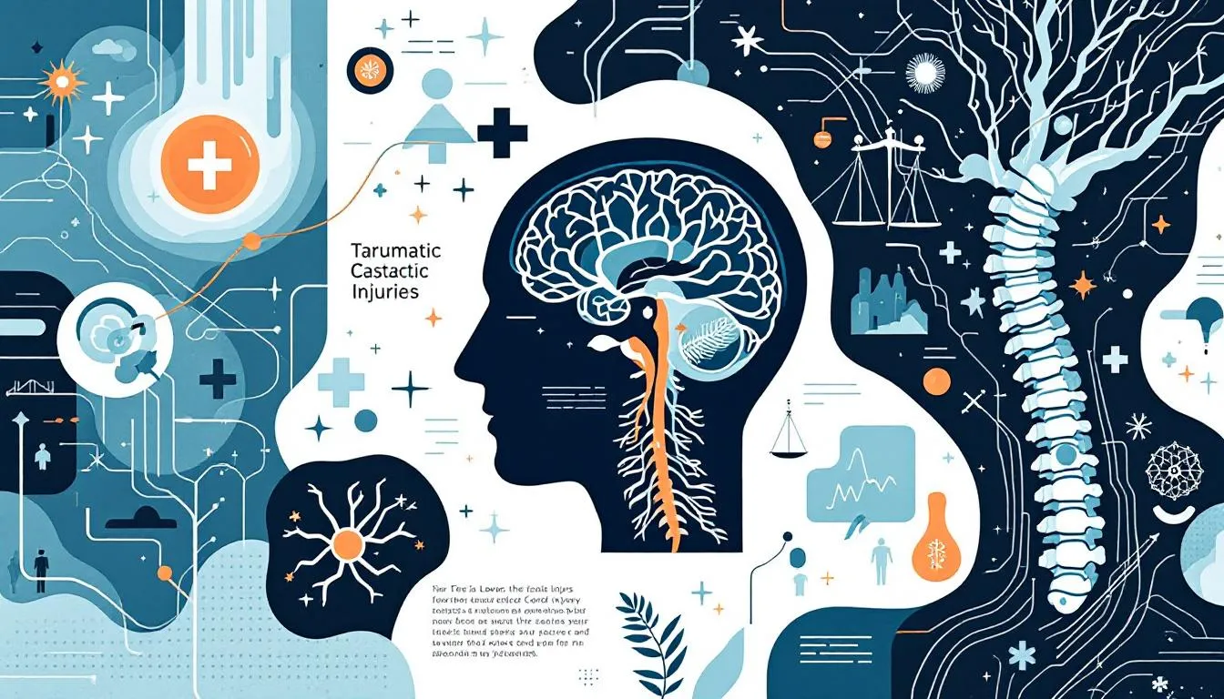 An illustration depicting various types of catastrophic injuries, including traumatic brain injuries and spinal cord injuries.