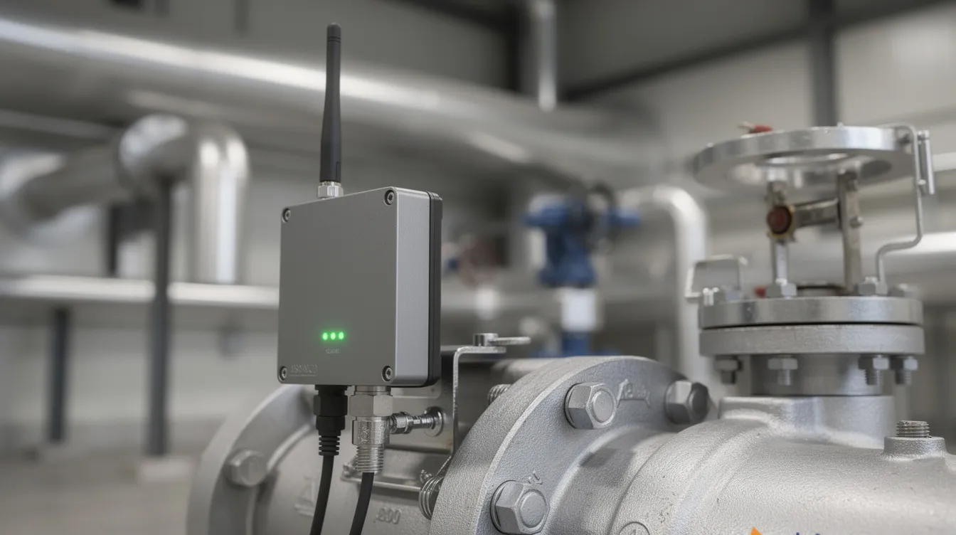 Das Bild zeigt einen industriellen Funksensor, der an einer Fabrikanlage montiert ist und eine sichtbare Antenne aufweist, die eine zuverlässige Datenübertragung ermöglicht. Dieser Sensor ist Teil eines drahtlosen Kommunikationssystems, das Direct Sequence Spread Spectrum-Techniken verwendet, um Signalstörungen zu minimieren und eine robuste Kommunikation in einer lauten Umgebung zu gewährleisten.