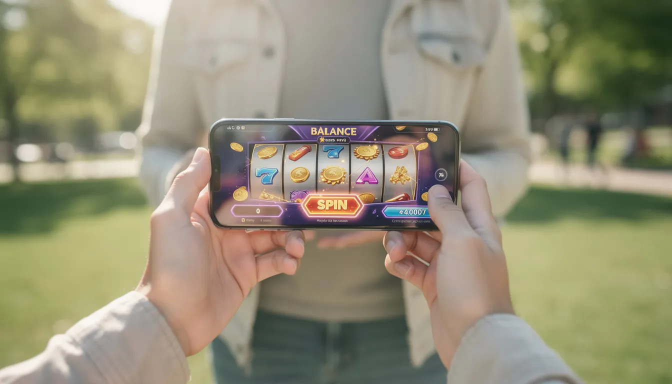 En person sitter utomhus och håller en smartphone där de spelar ett färgglatt mobilcasino-spel, troligtvis en av de populära titlarna från Blueprint Gaming som "Buffalo Rising Megaways" eller "Jackpot King". Det livliga spelet visar olika symboler och funktioner som ger en känsla av spänning och underhållning.