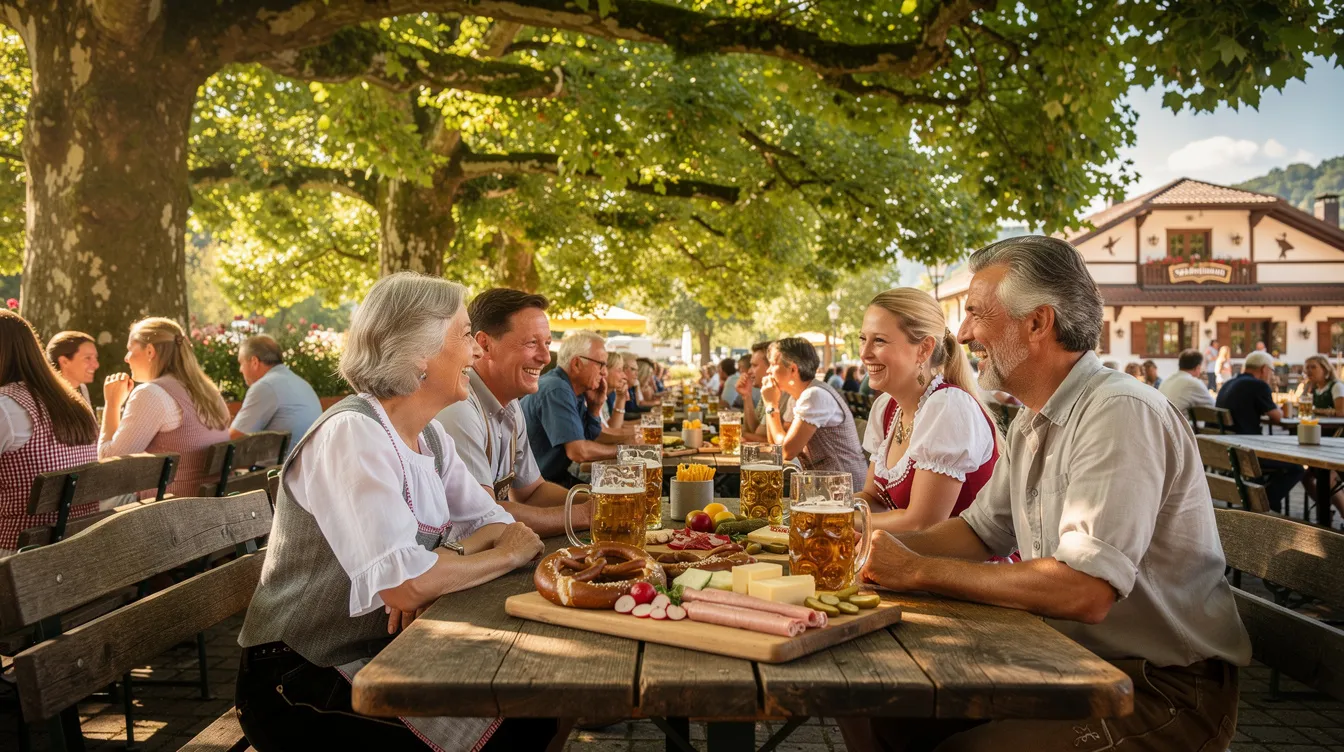 In einem bayerischen Biergarten sitzen Gäste an Holztischen unter Kastanienbäumen und genießen eine traditionelle Brotzeit mit Weißwurst, Senf und frischem Weißbier an einem sonnigen Tag. Die Atmosphäre ist lebhaft, während die Menschen die bayerische Spezialität und die angenehme Umgebung auskosten.
