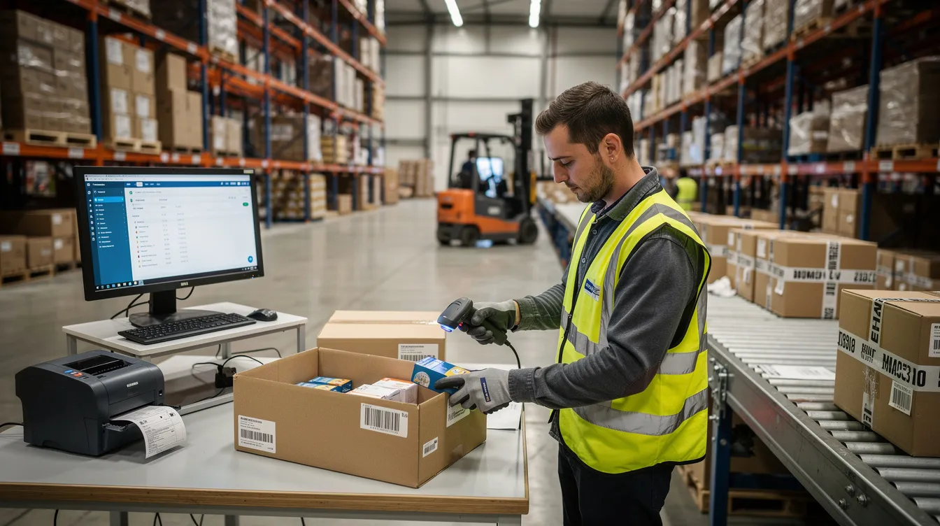 A warehouse worker is actively scanning and packing products for shipment, ensuring efficient order fulfillment in a dropshipping business model. The scene highlights the importance of reliable suppliers and product quality in maintaining customer satisfaction.