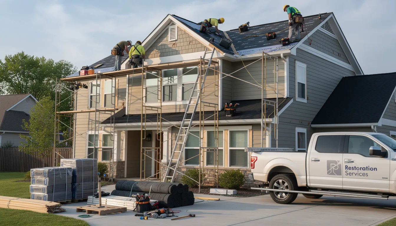 A dedicated restoration team is working on the exterior of a residential property, installing new roofing materials to address roof damage. This project is part of the property restoration process aimed at restoring the home to its original condition after potential structural damage.