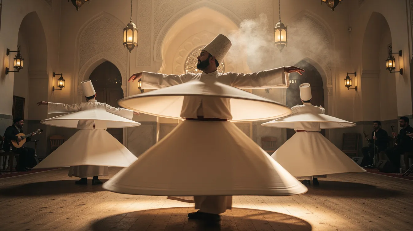 En una sala ceremonial iluminada suavemente, varios derviches giróvagos realizan su danza mística, conocida como sema, en un ambiente que evoca la tradición sufí. La escena refleja la rica historia y espiritualidad de Konya, la ciudad donde se encuentra el centro cultural Mevlana.