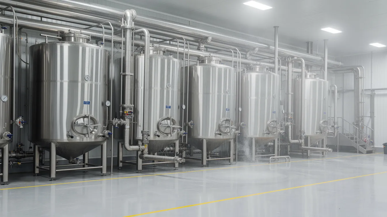 753e079e 0aaa 4ab3 8d65 dc05829440df The image depicts the interior of a modern stainless steel dairy processing plant, featuring large tanks and an intricate network of pipes essential for dairy processing. This facility is designed to enhance operational efficiency in milk production and processing, reflecting the advancements in the dairy farming sector.