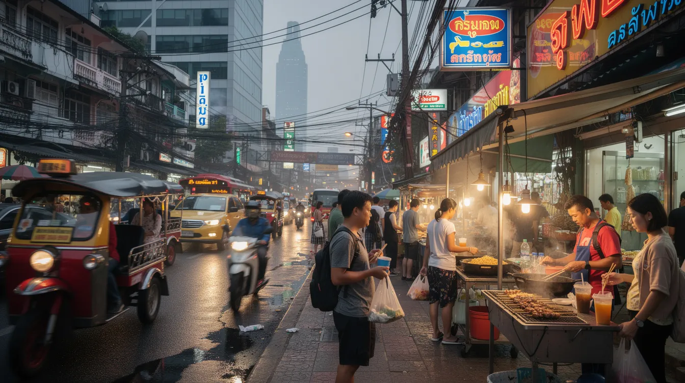 A imagem retrata a vibrante cidade de Bangkok, na Tailândia, com seus famosos templos budistas e o majestoso Grand Palace ao fundo. Tuk tuks coloridos circulam pelas ruas movimentadas, enquanto turistas e habitantes locais interagem em meio à rica cultura e história da capital tailandesa.