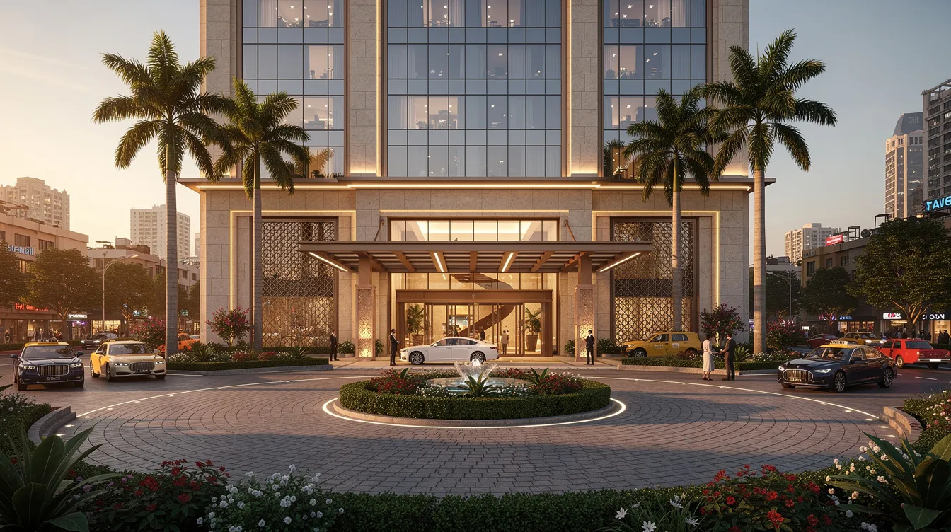 The image depicts the exterior of a modern luxury hotel building, featuring a beautifully landscaped entrance and a well-paved driveway in an Indian city. This striking design reflects key factors in hotel construction, emphasizing energy efficiency and enhancing the guest experience.