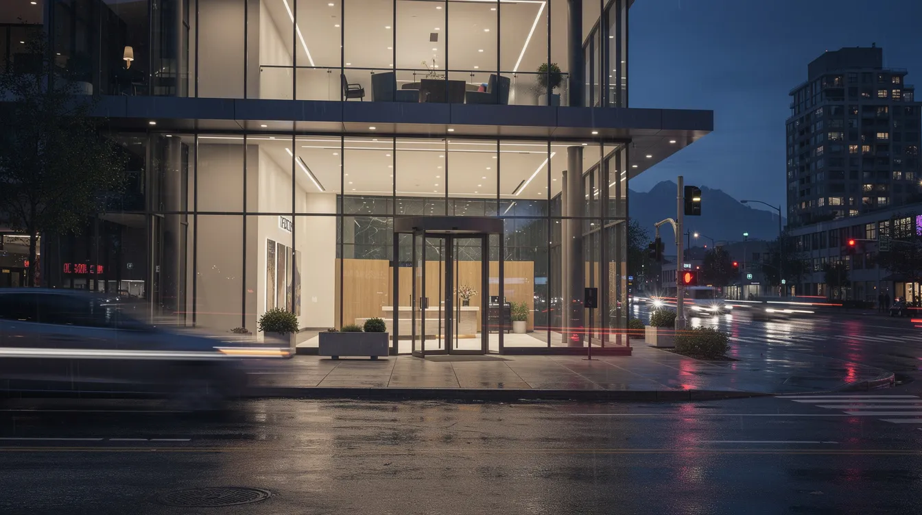 The image depicts a modern commercial building in Vancouver at night, showcasing a brightly illuminated lobby visible through large glass entrance doors, highlighting the inviting atmosphere of the space. This setting reflects the attention to detail and professional service often associated with reliable commercial cleaning services.