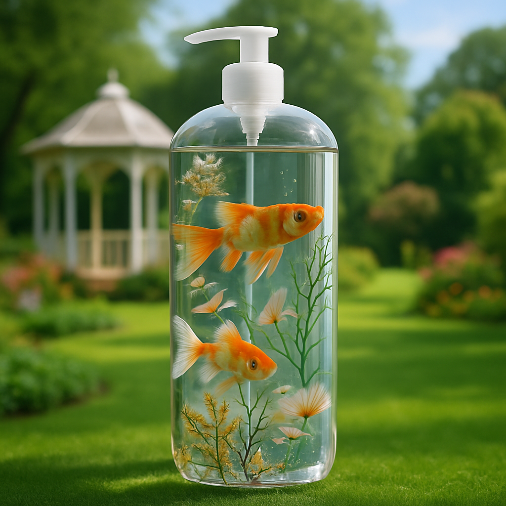 A clear soap dispenser mockup with goldfish and aquatic plants inside, placed on grass in a scenic garden with a white gazebo in the background.