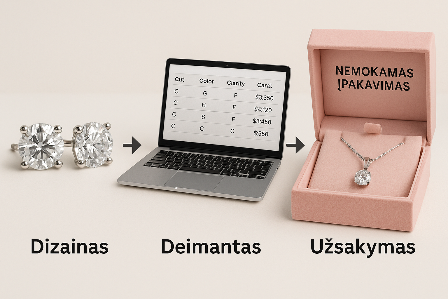 Trys žingsniai auskarams su deimantais: dizainas su vinukais, deimanto pasirinkimas iš online biržos kompiuteryje, užsakymas su rožine dėžute
