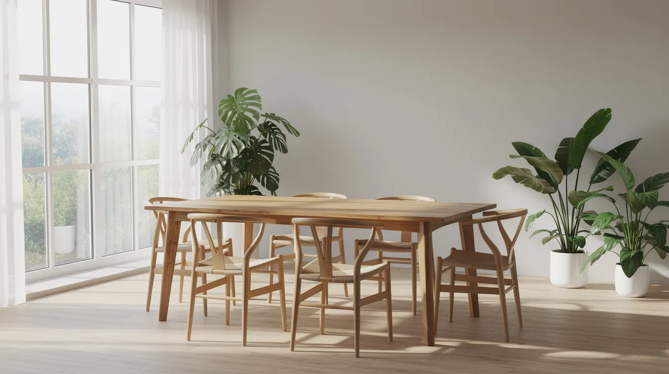 Ett matbord i massiv ek omgiven av sex stolar står i ett ljust rum med stora fönster som släpper in naturligt ljus, medan gröna växter ger en fräsch känsla till inredningen. Rummet utstrålar en harmonisk atmosfär, perfekt för att skapa minnen med familj och vänner.
