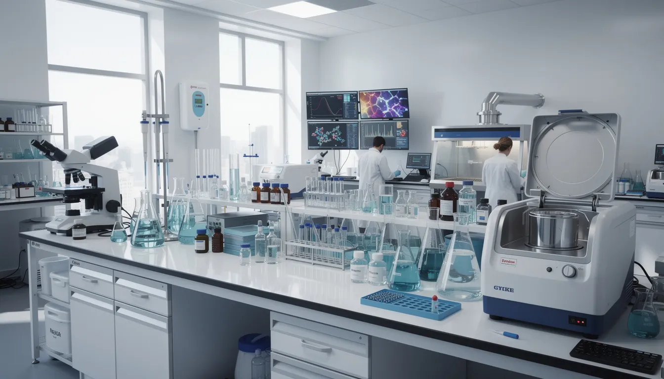 The image depicts a modern research laboratory filled with various scientific equipment, including microscopes and test tubes, where researchers are likely investigating topics related to serum testosterone levels and cellular health. This environment may support studies on nmn supplementation and its potential benefits for testosterone production and overall metabolic health.