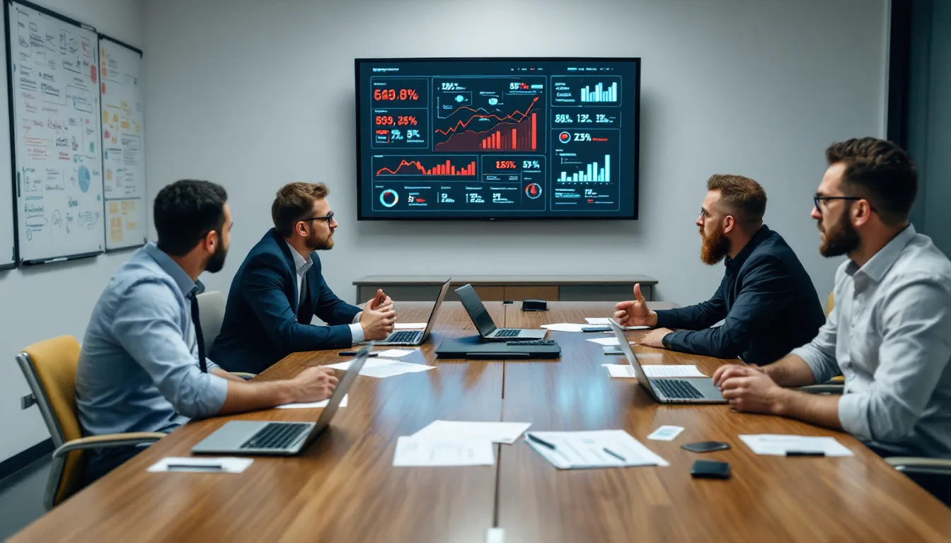 In der Abbildung sind Mitarbeiter eines Unternehmens zu sehen, die angeregt über die Ergebnisse einer Benchmarking-Analyse diskutieren. Sie vergleichen verschiedene Prozesse und Strategien, um Verbesserungspotenziale und Best Practices zu identifizieren, die zur Steigerung der Wettbewerbsfähigkeit beitragen können.
