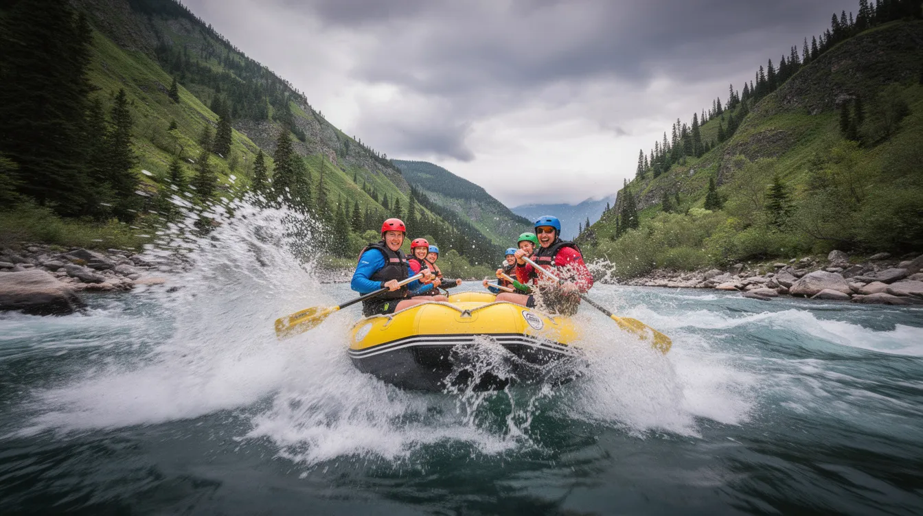 75485948 4a84 466d b8a6 804a543e3f0f A thrilling river rafting scene captures a group of adventurous tourists navigating through white water rapids, flanked by lush green mountain slopes. This exciting activity highlights the potential of adventure tourism as a profitable business idea in Uttarakhand, attracting visitors eager to experience the natural beauty and adventure sports the region has to offer.