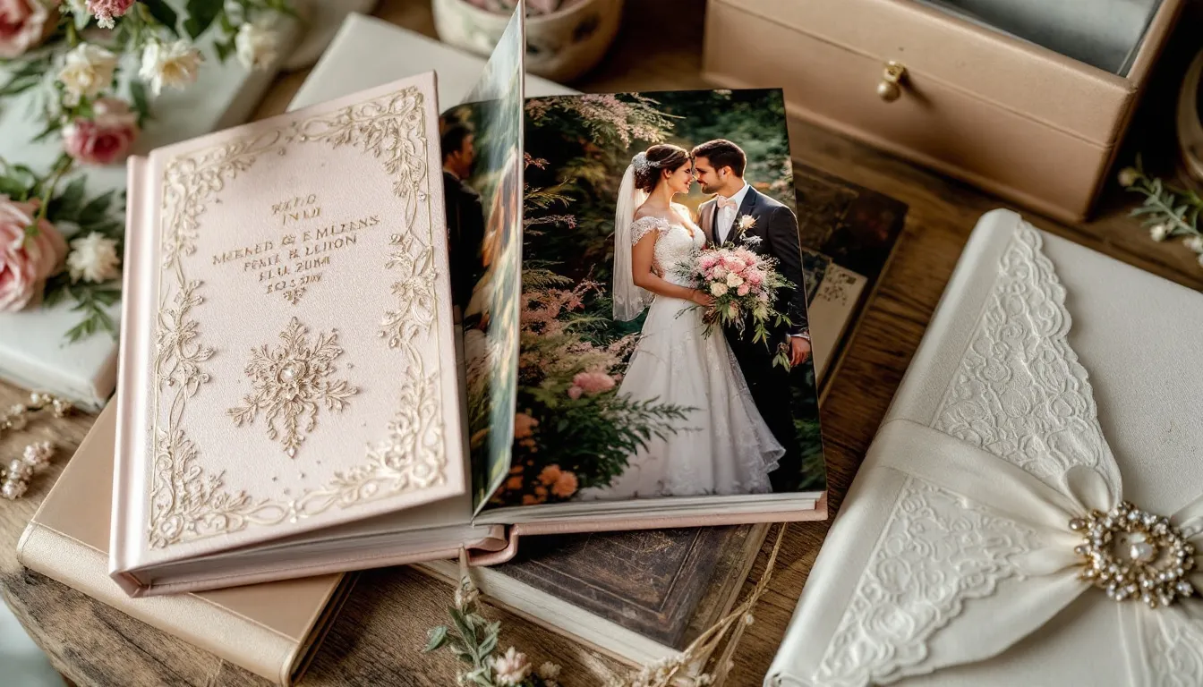 A collection of beautifully designed wedding albums showcasing memorable moments.