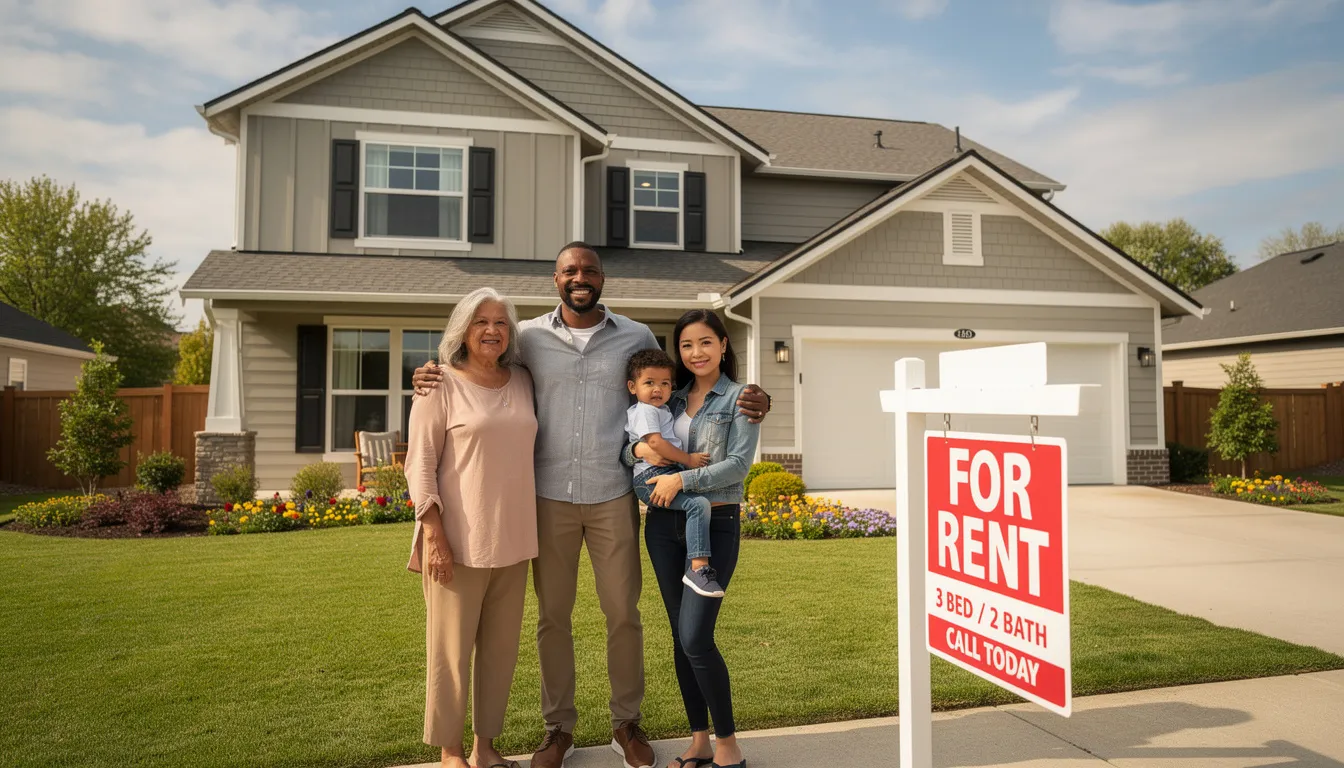 A diverse family is smiling and standing together in front of a well-maintained suburban home, which has a "for rent" sign prominently displayed. This image represents the opportunity for affordable housing options, particularly for low income families seeking rental properties through programs like Section 8 and housing choice vouchers. A diverse family is smiling and standing together in front of a well-maintained suburban home, which has a "for rent" sign prominently displayed. This image represents the opportunity for affordable housing options, particularly for low income families seeking rental properties through programs like Section 8 and housing choice vouchers.