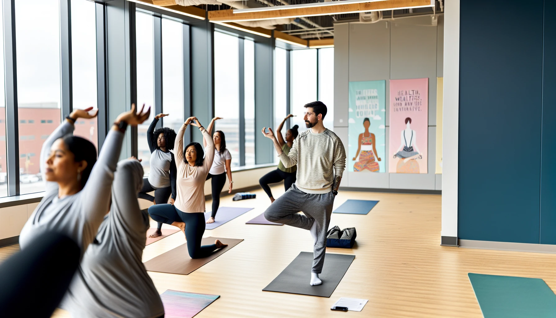 Employees participating in a yoga session during a wellness initiative