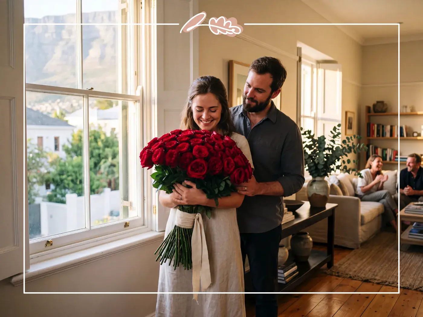 Milestone 50th birthday gift of fifty red roses at a Cape Town window with Table Mountain view from Fabulous Flowers since 1999