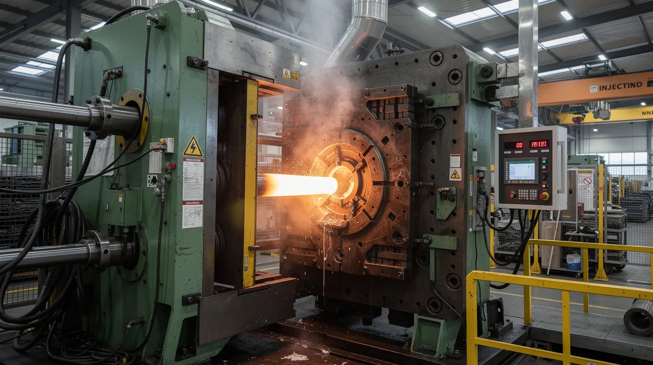 An industrial high-pressure die casting machine is depicted, showcasing molten aluminum being injected into a steel die. This casting process is essential for producing complex geometries and high-performance automotive components, utilizing aluminum alloys known for their excellent fluidity and corrosion resistance.