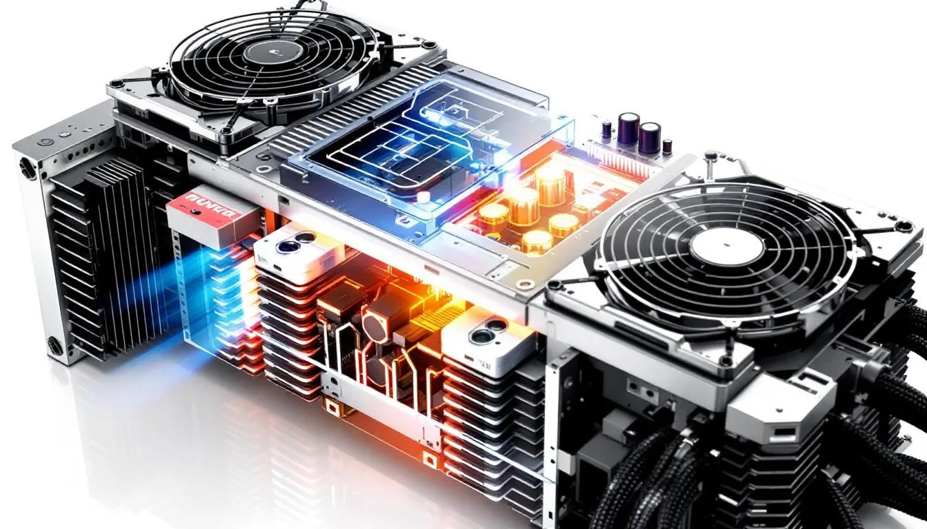 The image depicts a power supply system featuring advanced thermal management, showcasing prominent heatsinks and cooling systems designed to enhance overall system performance. This design is crucial for efficient operation in battery energy storage systems, ensuring reliable operation and safety during energy conversion and management.