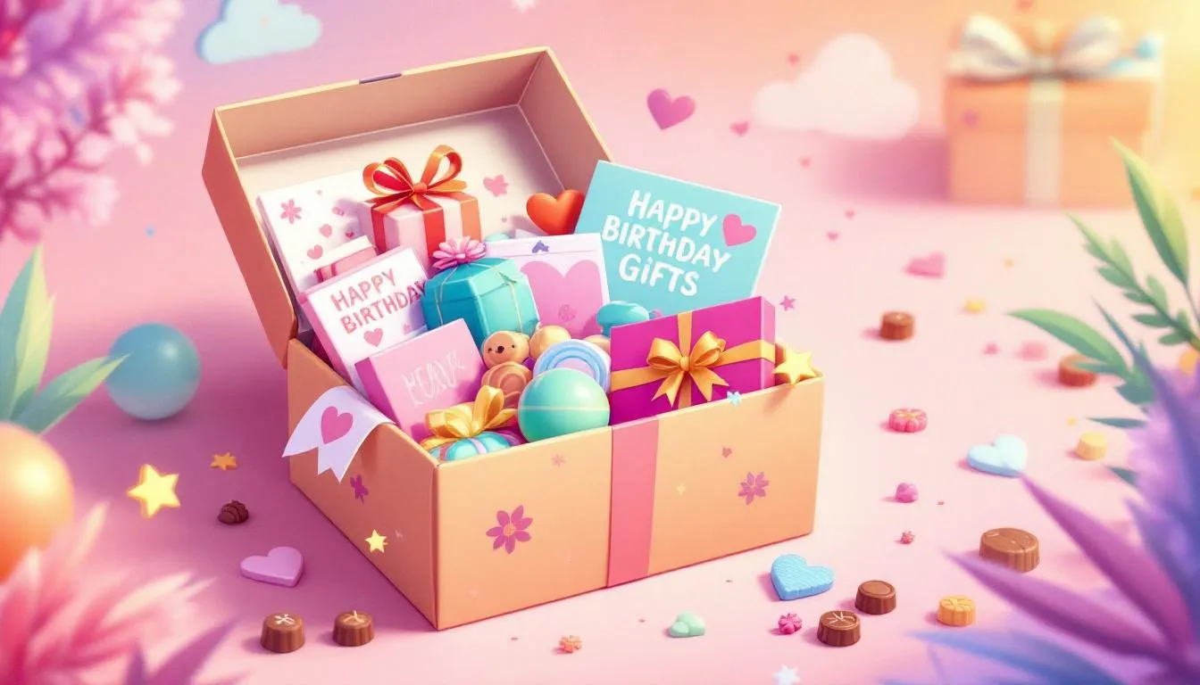 A filled gift box with various items like chocolates and greeting cards, demonstrating how to fill a birthday gift box.
