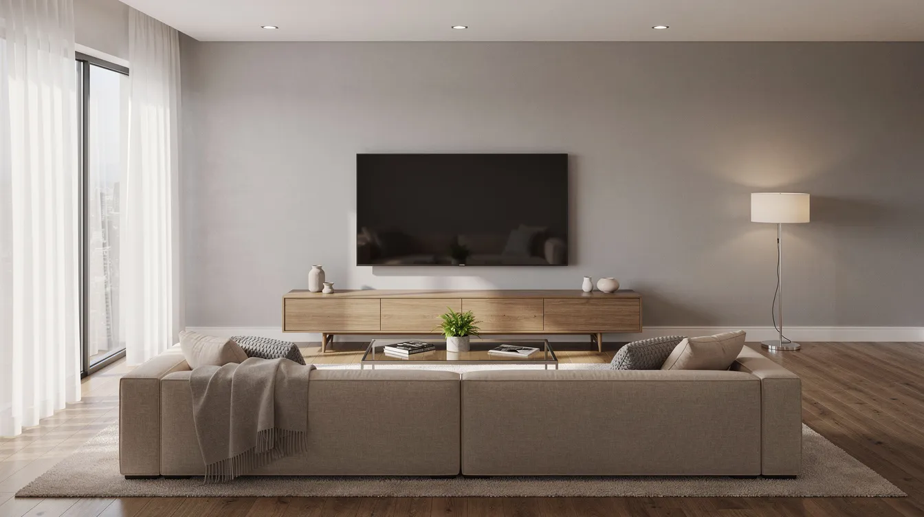 The image depicts a modern living room featuring a sleek flat-screen TV mounted on the wall, surrounded by stylish furniture and decor, creating an inviting entertainment space. This setup is ideal for those considering professional DSTV installation services to enhance their viewing experience.