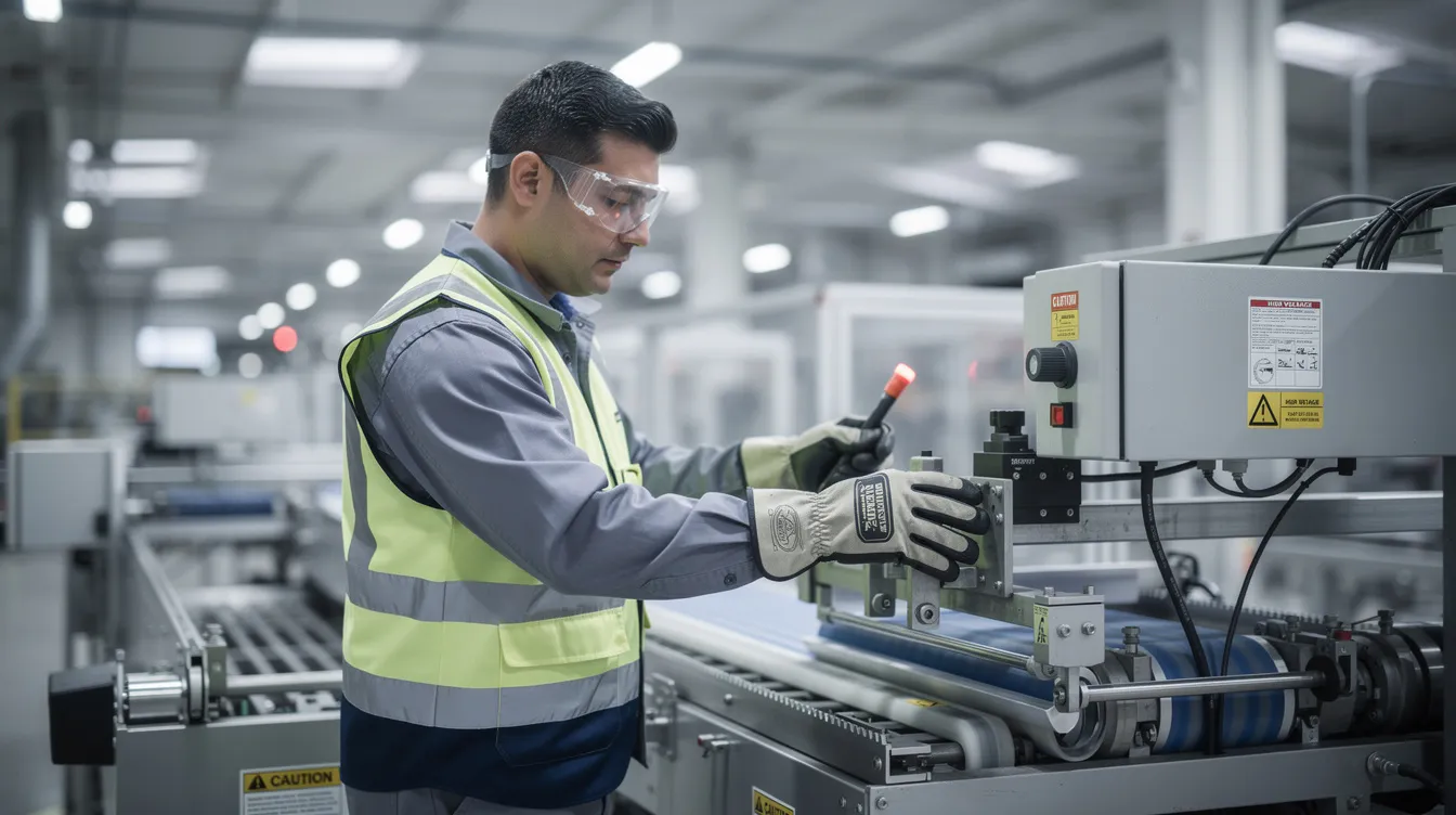 A worker is seen wearing protective gloves and safety goggles while operating industrial equipment, emphasizing the importance of safety in the workplace to prevent potential injuries. This image highlights the need for proper safety measures to avoid workplace injuries, which may lead to personal injury claims or workers compensation cases.