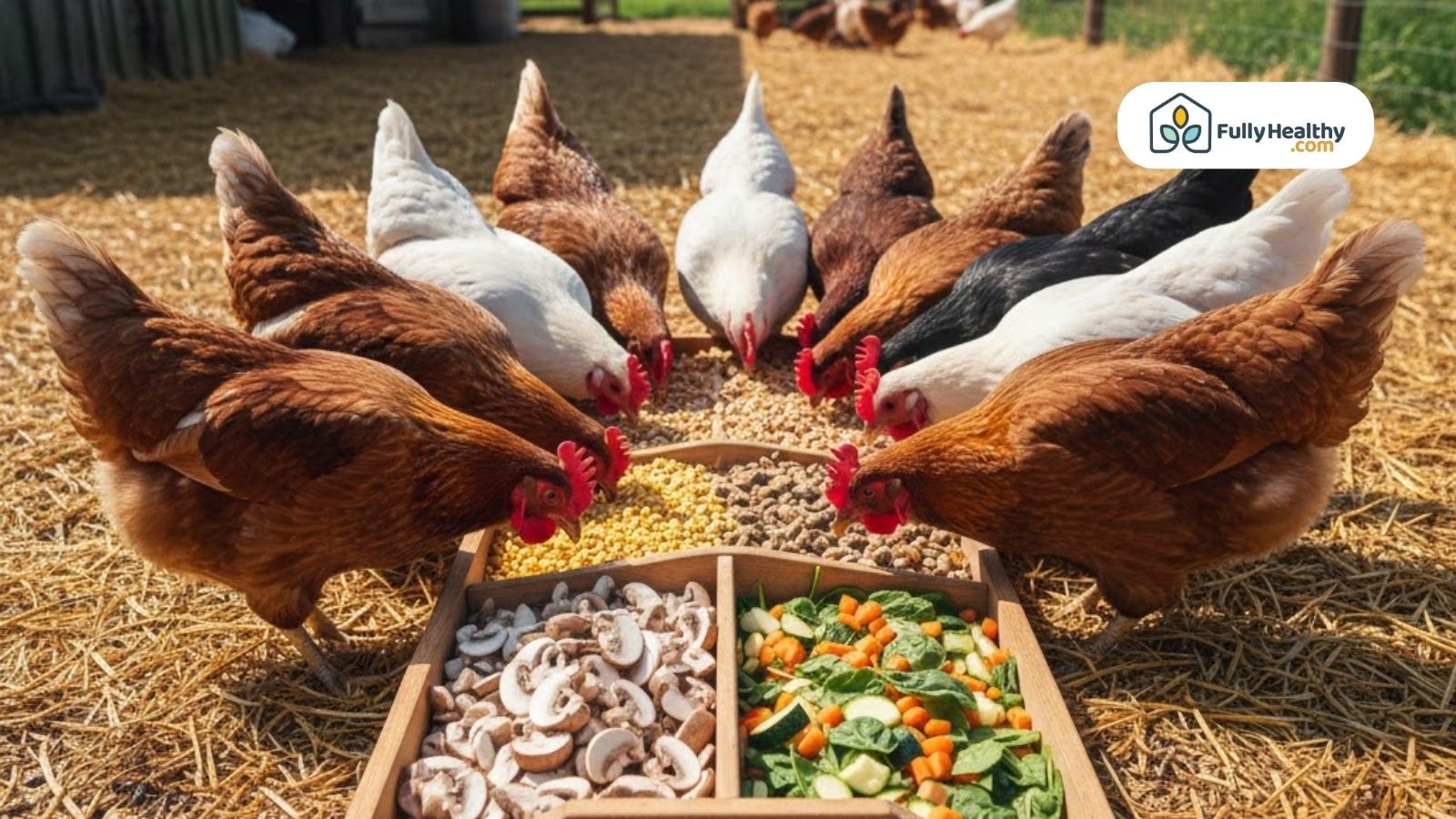Flock of chickens eating mixed feed including vegetables and mushrooms