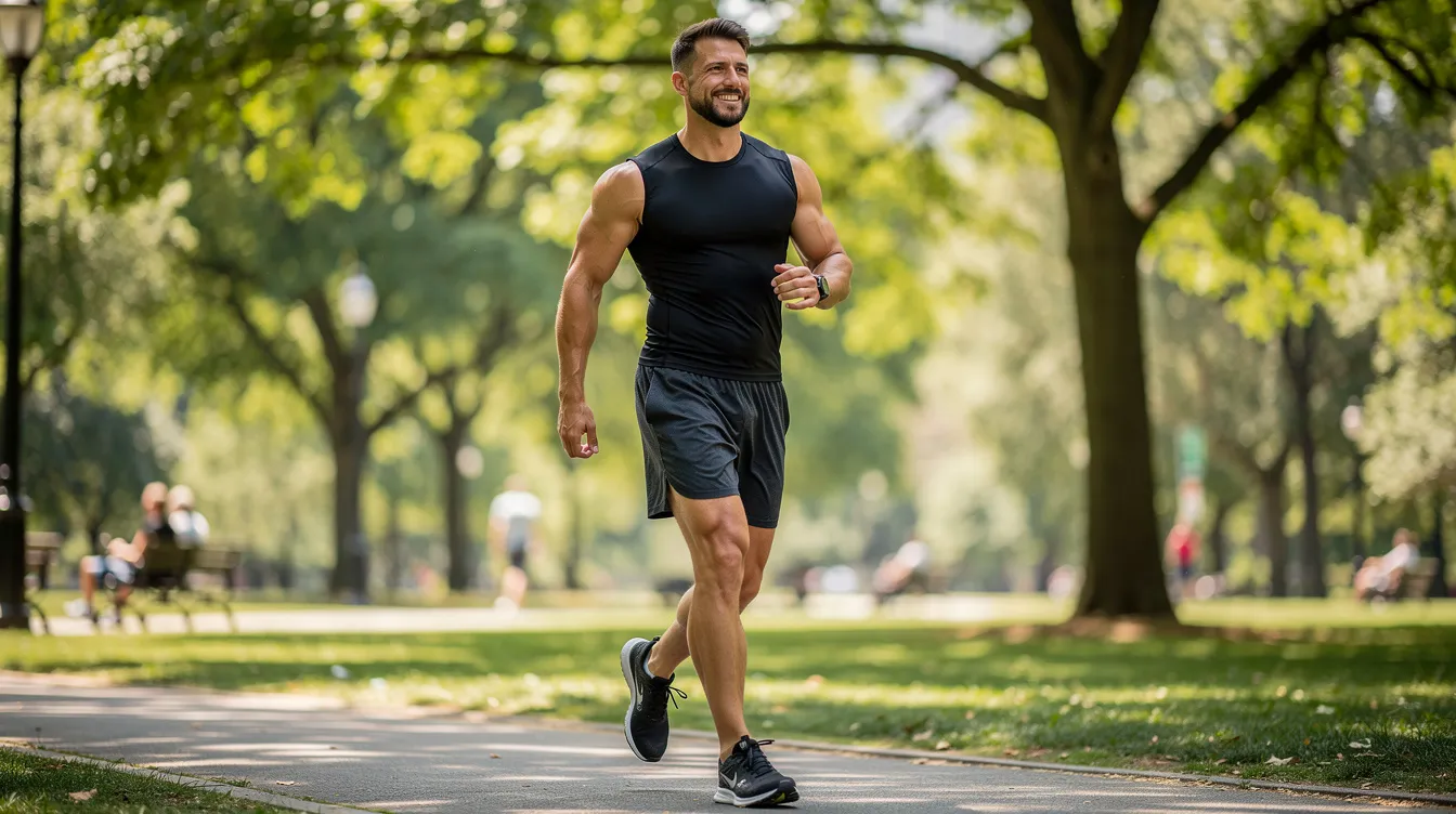 An athletic man is walking outdoors in a park while wearing a compression vest, which is often used as part of a gynecomastia treatment plan to help reduce the appearance of excess breast tissue. The vest contributes to a more masculine chest contour, promoting confidence in individuals dealing with conditions like grade 1 gynecomastia.