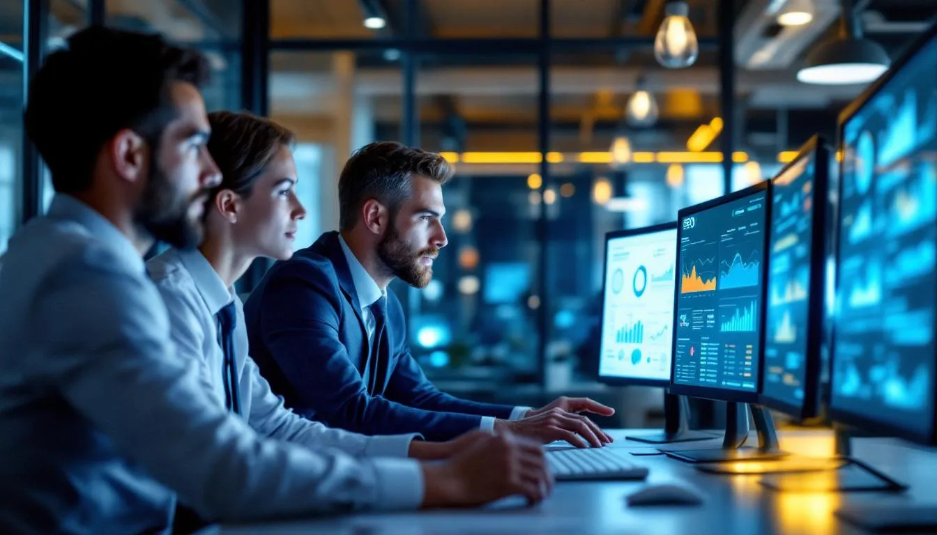 In a modern office setting, business professionals are intently analyzing SEO analytics dashboards displayed on computer screens, focusing on search engine optimisation strategies to improve their website's search engine rankings and drive organic traffic. The scene highlights collaboration among team members as they discuss keyword research and SEO campaigns aimed at enhancing online visibility and achieving business objectives. In a modern office setting, business professionals are intently analyzing SEO analytics dashboards displayed on computer screens, focusing on search engine optimisation strategies to improve their website's search engine rankings and drive organic traffic. The scene highlights collaboration among team members as they discuss keyword research and SEO campaigns aimed at enhancing online visibility and achieving business objectives.