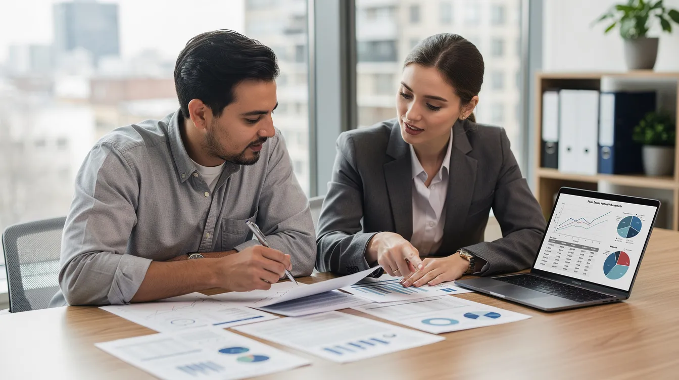 7552da18 c149 4b29 873d f9d56f75d1cb A financial advisor and a borrower are sitting at a table, reviewing various documents related to a loan application, including utility bills and identity proofs, as part of the process for obtaining a PM Mudra loan. The scene captures their collaborative effort in ensuring successful verification and understanding of the loan amount and requirements under the Pradhan Mantri Mudra Yojana.