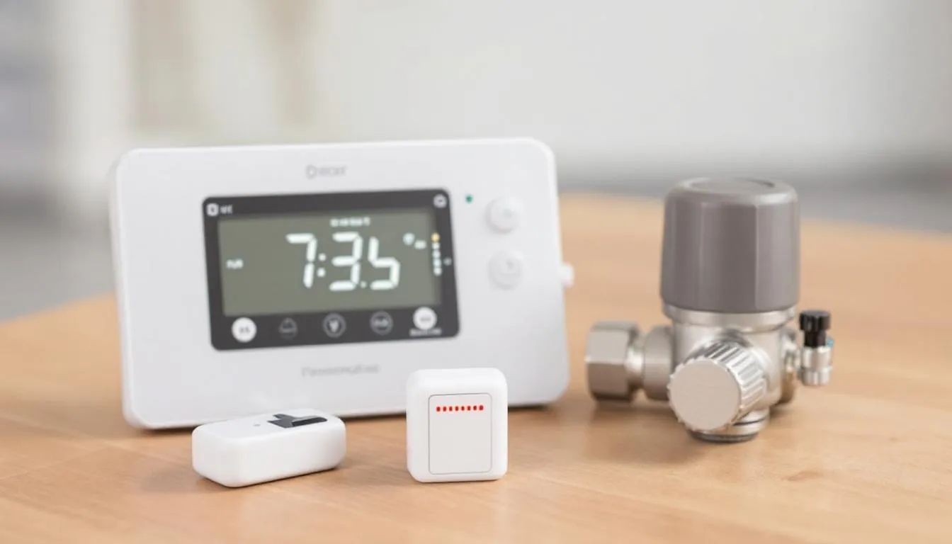 Na zdjęciu przedstawione są różne narzędzia do kontroli temperatury podłogi, które mogą być używane w systemach ogrzewania podłogowego. Widać termometry oraz urządzenia pomiarowe, które pomagają monitorować efektywność ogrzewania podłogowego w pomieszczeniach z płytkami ceramicznymi i panelami laminowanymi.