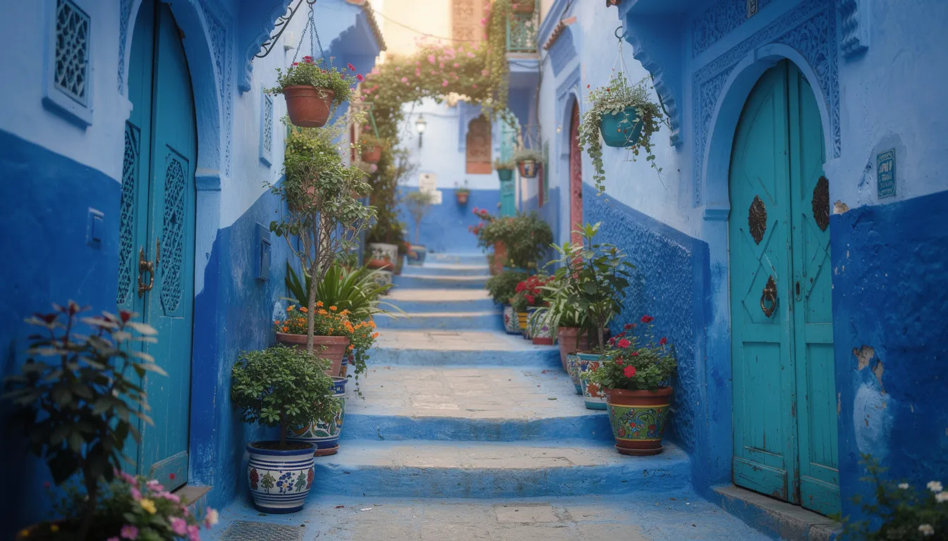 A narrow blue-painted alleyway in Chefchaouen features traditional Moroccan doors and vibrant potted plants, creating a picturesque scene that reflects the cultural richness of the area. This charming destination invites Muslim travelers to explore its beauty and enjoy a unique journey.
