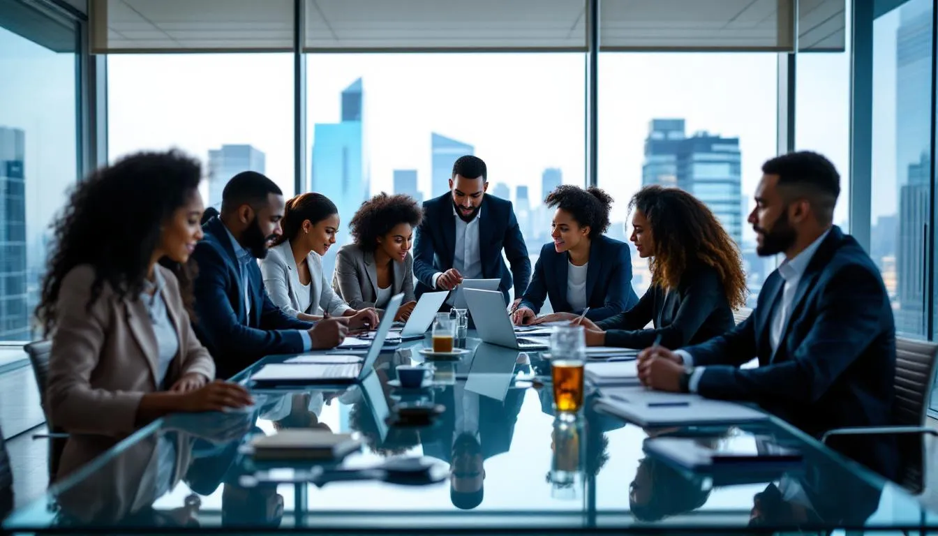 A diverse team of professionals is engaged in a collaborative discussion around a conference table, showcasing effective leadership skills as they work together towards common goals. This setting reflects a successful leadership development program that fosters learner engagement and promotes continuous learning among future leaders.