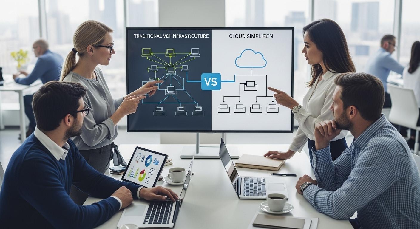 IT leaders evaluating modern virtual desktop solutions, comparing traditional VDI complexity with streamlined cloud-native platforms.