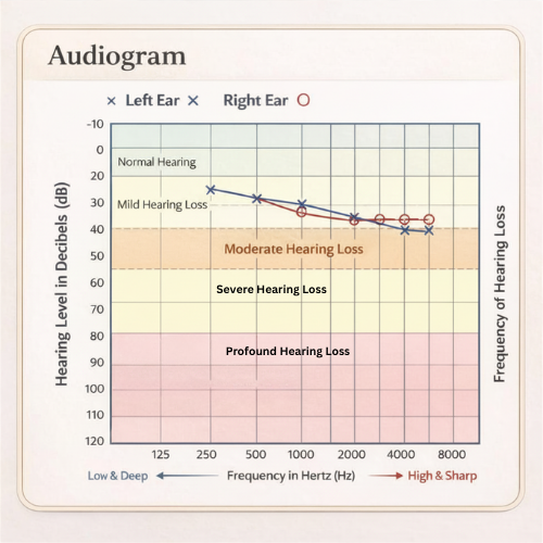 **Audiogram chart showing mild to moderate hearing loss across speech frequencies in both ears, with hearing thresholds gradually worsening at higher pitches