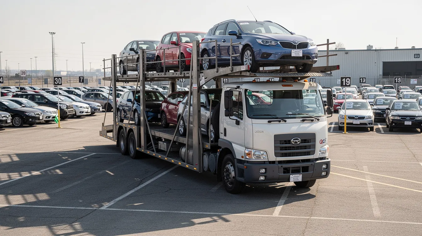 A multi-car carrier truck is parked at an auction location, surrounded by rows of various vehicles, including collector cars and auction vehicles. This scene highlights the process of auction car transport, showcasing the logistics involved in delivering vehicles to auction buyers.