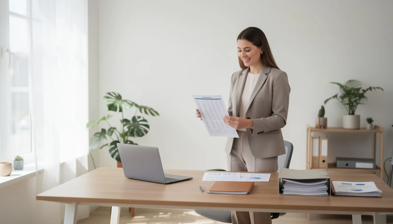 A confident and happy small business entrepreneur stands in a modern office, reviewing financial documents in hand at a desk with an open laptop. The bright and professional atmosphere reflects a moment of relief and optimism after securing business financing, symbolizing the company is ready for growth and financial stability.
