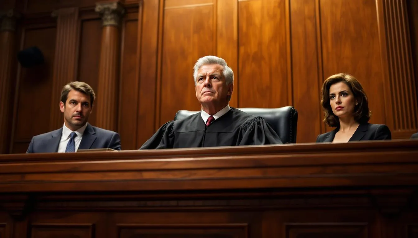 The image depicts a judge engaged in a conversation with a man and a woman, likely discussing matters related to an emergency custody order. The atmosphere suggests a formal custody hearing where the judge is considering the child's safety and well-being in the context of potential immediate danger.