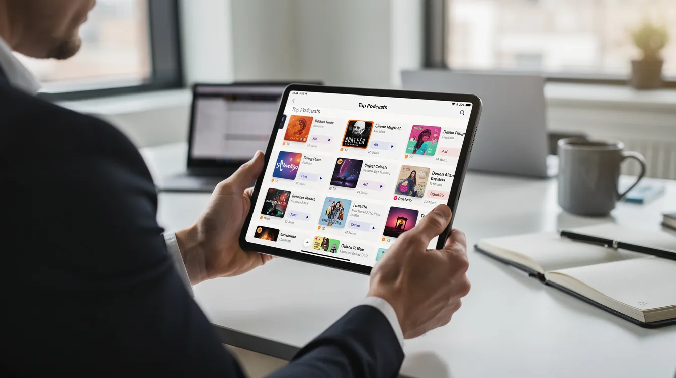 A professional is reviewing various podcast listings on a tablet device, exploring multiple podcasts and their details through a podcast hosting platform. The screen displays information about podcast episodes and analytics, highlighting options for distribution and management of audio files. A professional is reviewing various podcast listings on a tablet device, exploring multiple podcasts and their details through a podcast hosting platform. The screen displays information about podcast episodes and analytics, highlighting options for distribution and management of audio files.