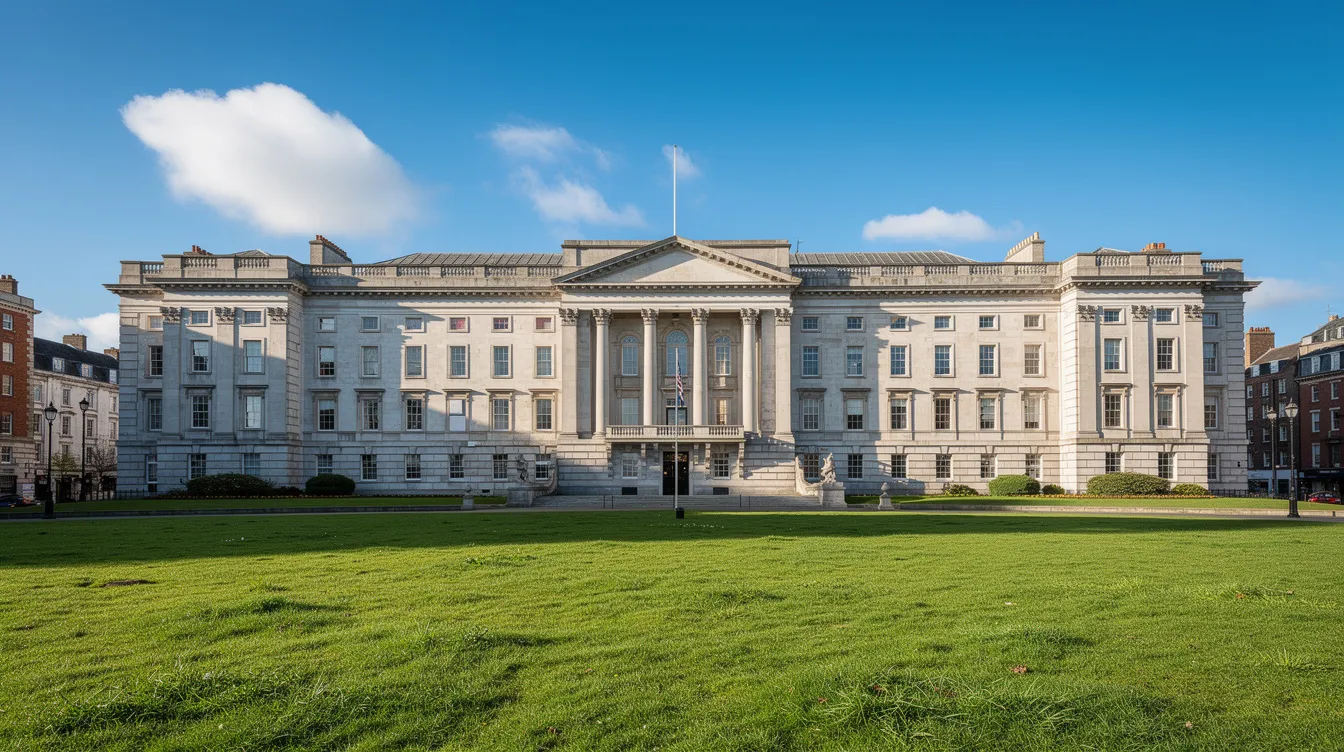 The image shows Leinster House, the Irish parliament building, set against a clear blue sky, with a lush green lawn in the foreground. This iconic structure is central to discussions on important topics such as immigration bills and services in Ireland.