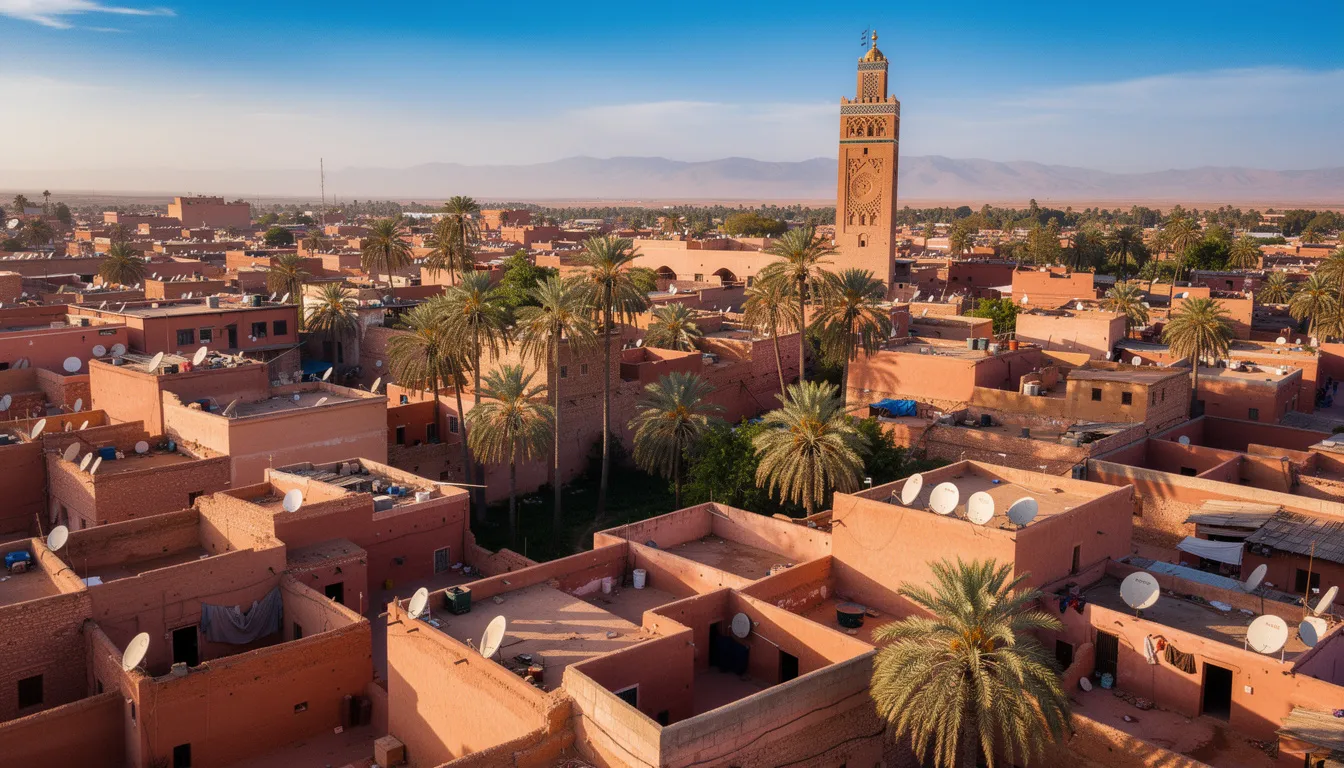 An aerial view of Marrakech showcases the city's iconic terracotta rooftops and lush palm trees, with the Koutoubia Mosque minaret prominently rising against a clear blue sky. This vibrant scene captures the essence of Moroccan culture and the beauty of the red city, inviting travelers to explore Marrakech's rich history and bustling atmosphere.