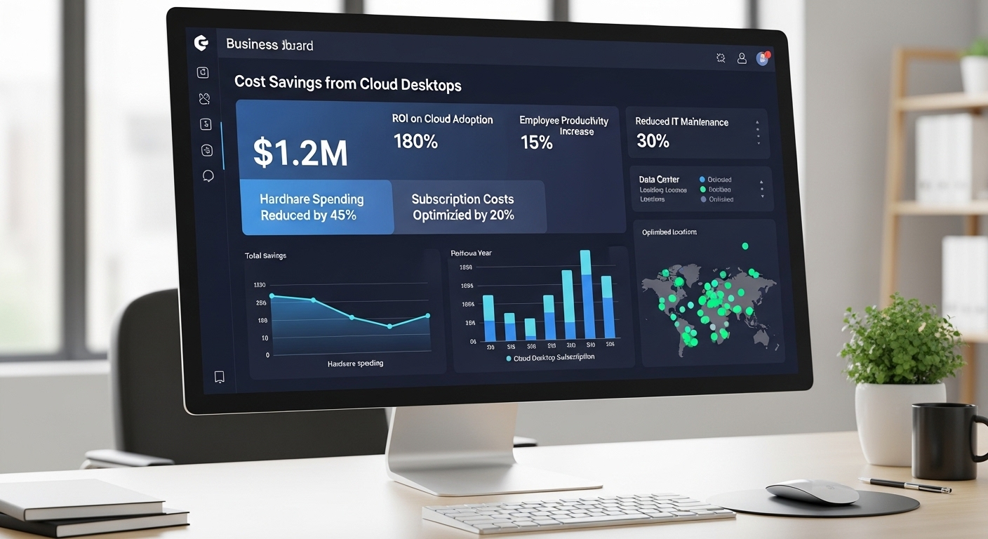 Business dashboard highlighting cost savings from reduced hardware spending and subscription-based cloud desktops.