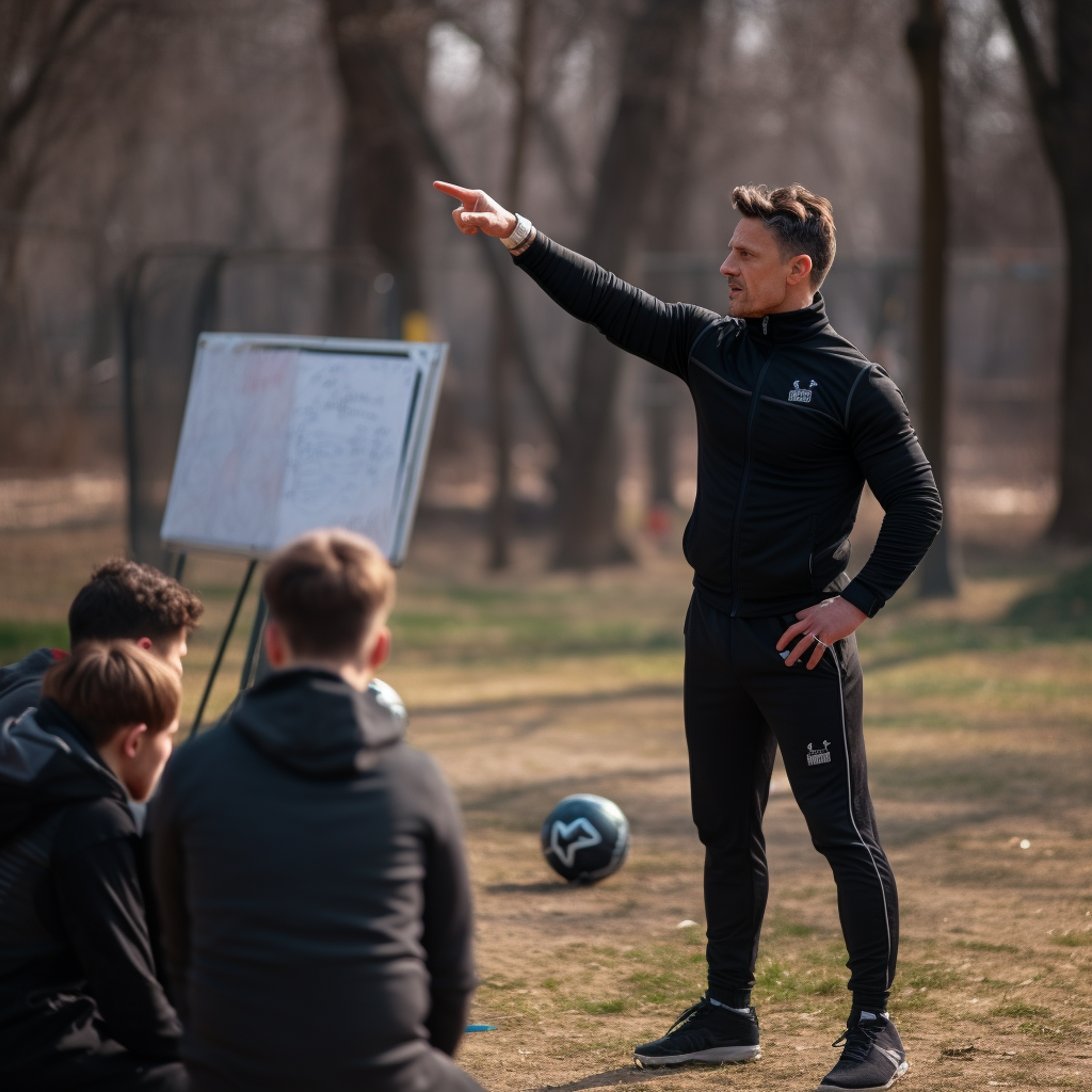 A team coach doing training to new team players on an outdoor training ground.