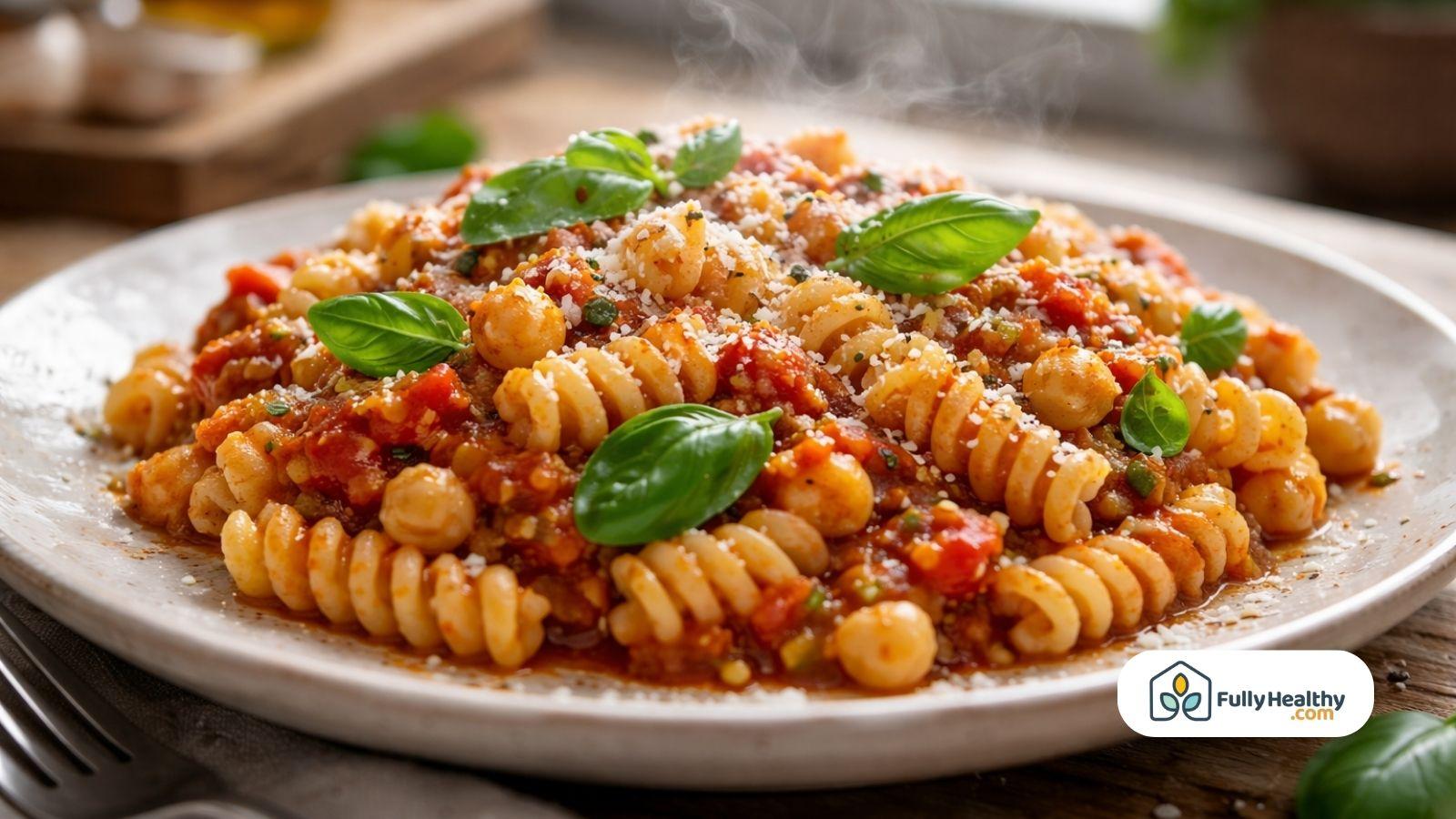 Chickpea pasta with tomato sauce basil cheese fresh herbs plated