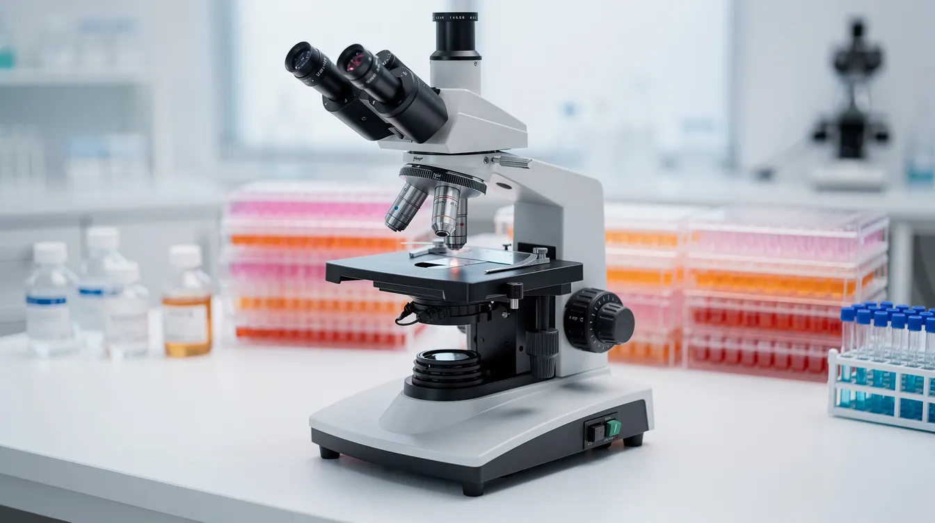 The image features a laboratory microscope prominently displayed in the foreground, with cell culture plates arranged in the background, suggesting a setting focused on research related to human metabolism and insulin sensitivity. This environment is ideal for studying the effects of nmn supplementation on muscle function and glucose uptake in mammalian cells.