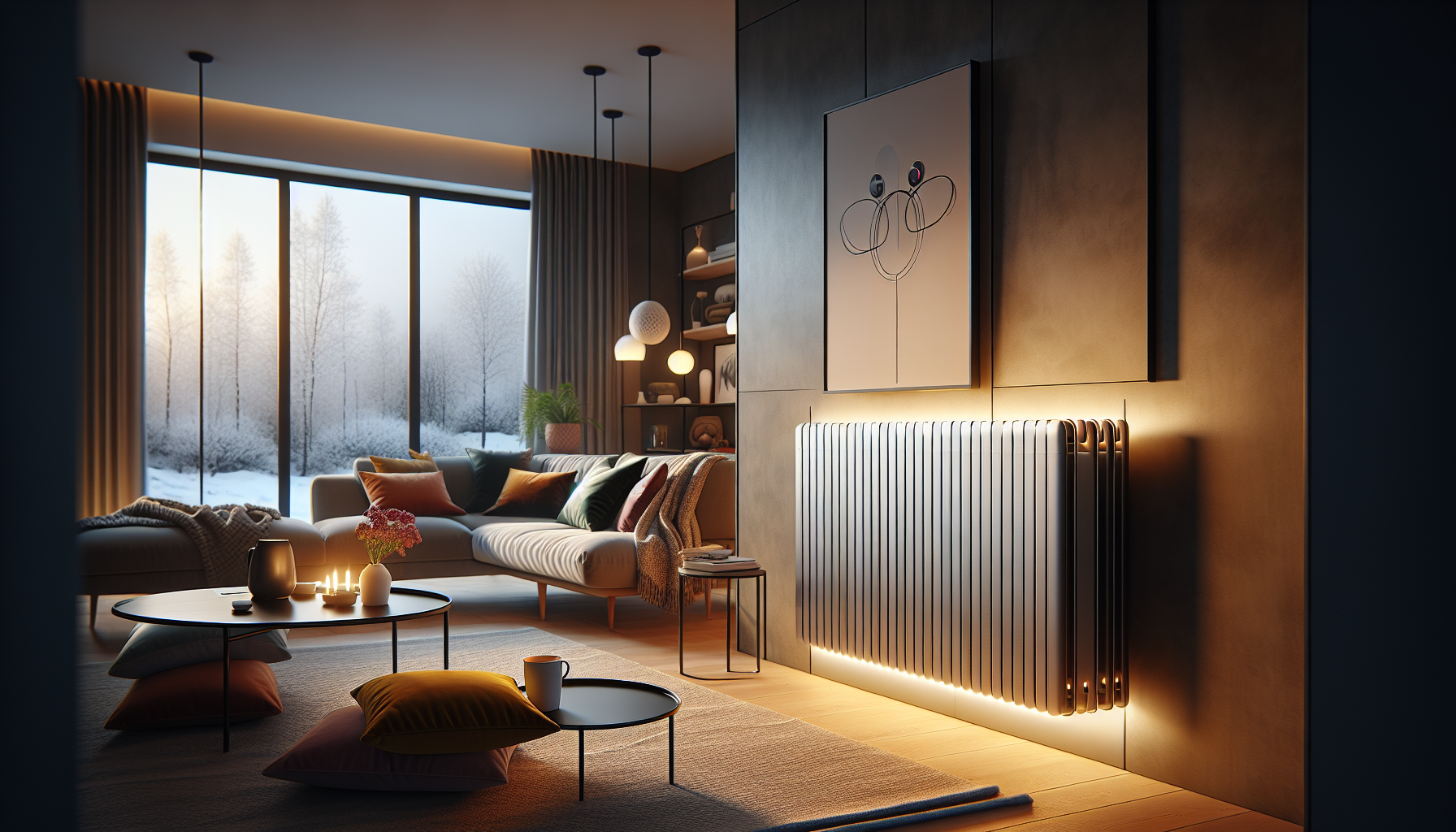 An illustration of a modern wifi electric radiator in a stylish living room.