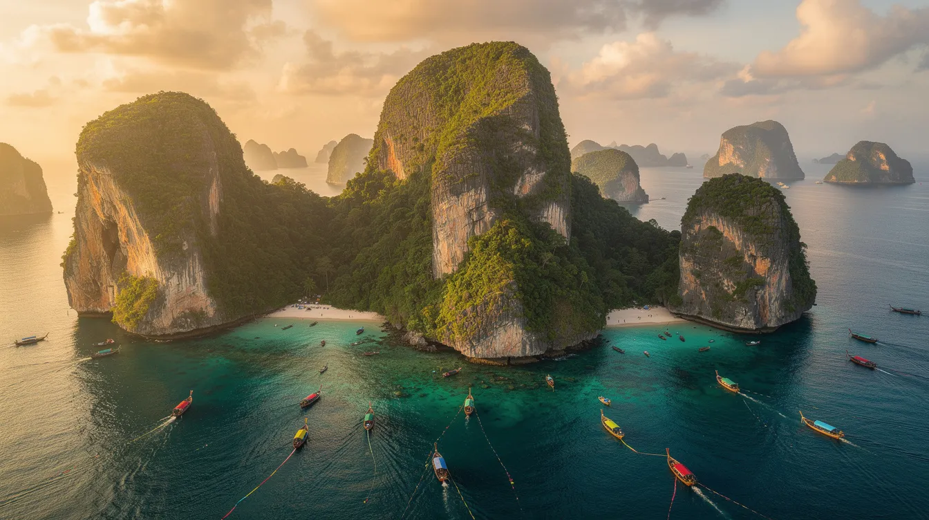 A imagem mostra a deslumbrante praia Railay, em Krabi, Tailândia, com suas falésias de calcário e águas cristalinas do Golfo da Tailândia. Ao fundo, é possível ver um barco tradicional tailandês, conhecido como long tail, ancorado na areia branca, enquanto turistas desfrutam da paisagem tropical.