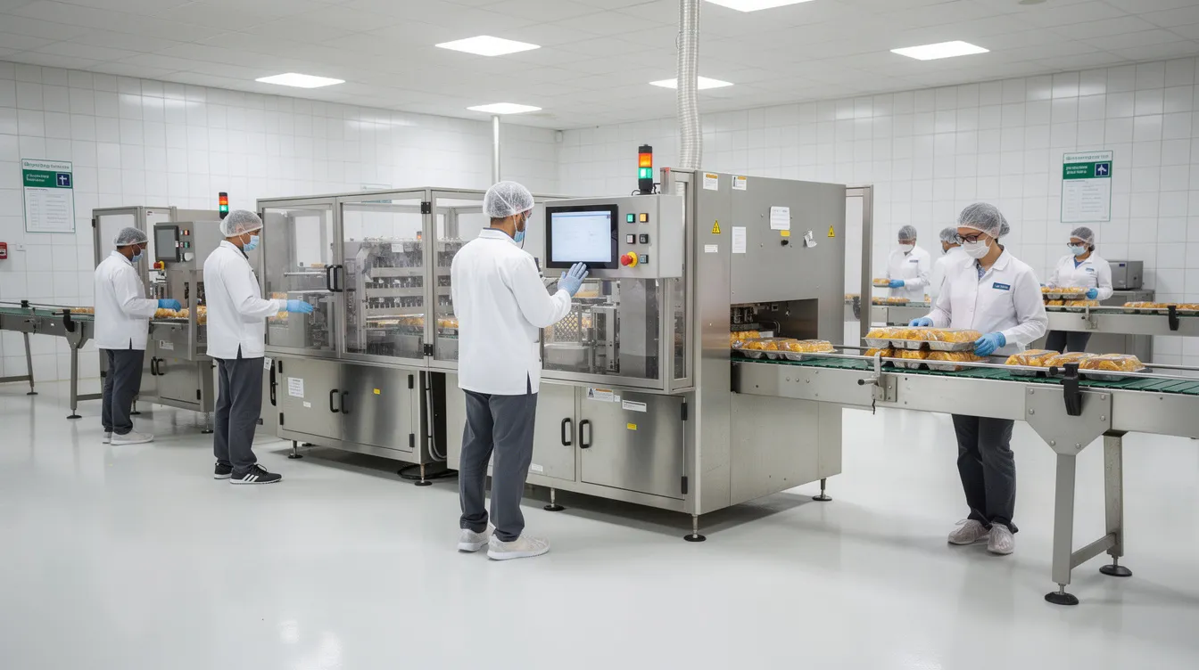 7575e45c 4ab2 4846 8190 61aa7e18c070 The image shows a small food manufacturing unit where workers are efficiently operating packaging machinery in a clean production area, likely preparing products like instant poha mix. The environment emphasizes hygiene and organization, essential for producing nutritious food items such as poha, a popular breakfast option in India.