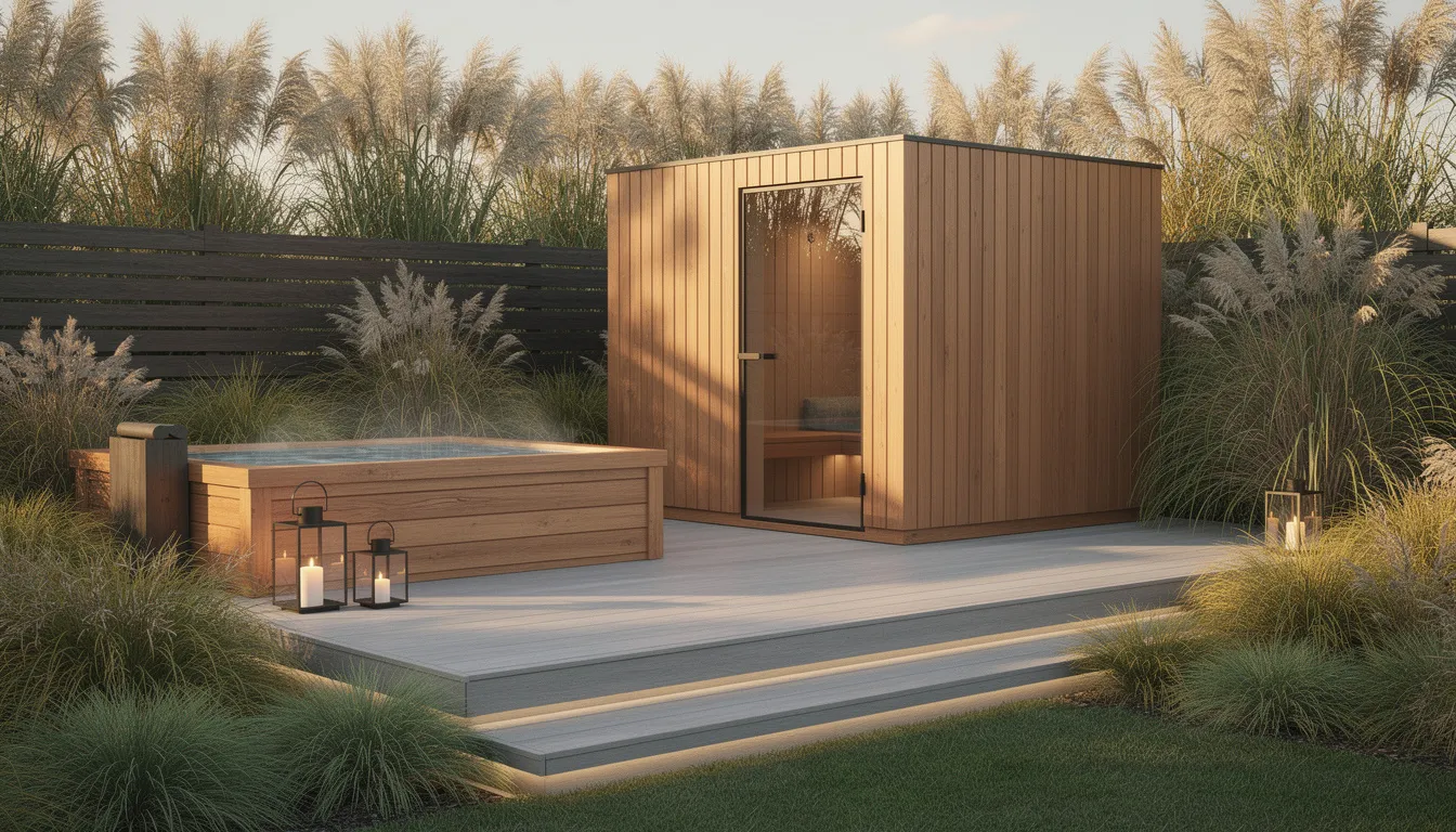 The image depicts a modern backyard deck featuring a cube-style sauna cabin alongside a cold plunge tub, all surrounded by ornamental grasses. This outdoor wellness retreat offers a serene space for relaxation and muscle recovery, enhancing mental clarity and overall well-being.